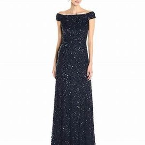 Adrianna Papell Sequin Beaded Off The Shoulder Gown